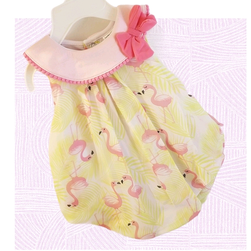 Sunshine Baby Yellow Chiffon Pink Flamingo Print Bubble Romper 6mo